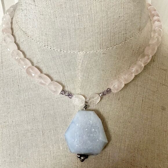 Rose Quartz blue lace agate sterling  silver pendant necklace - Picture 1 of 12